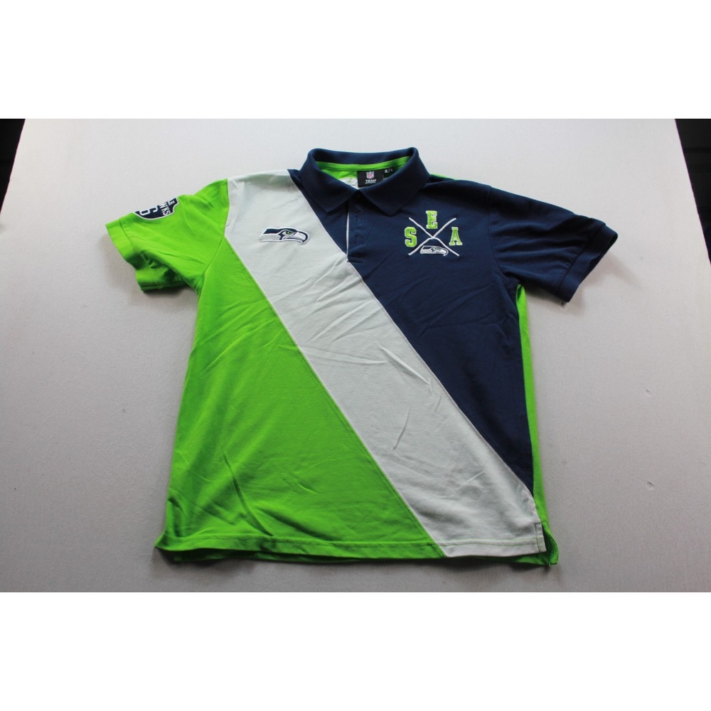 NFL Team Men Blue Green Polo Shirt Seattle Seahawks Striped Rugby Size Large